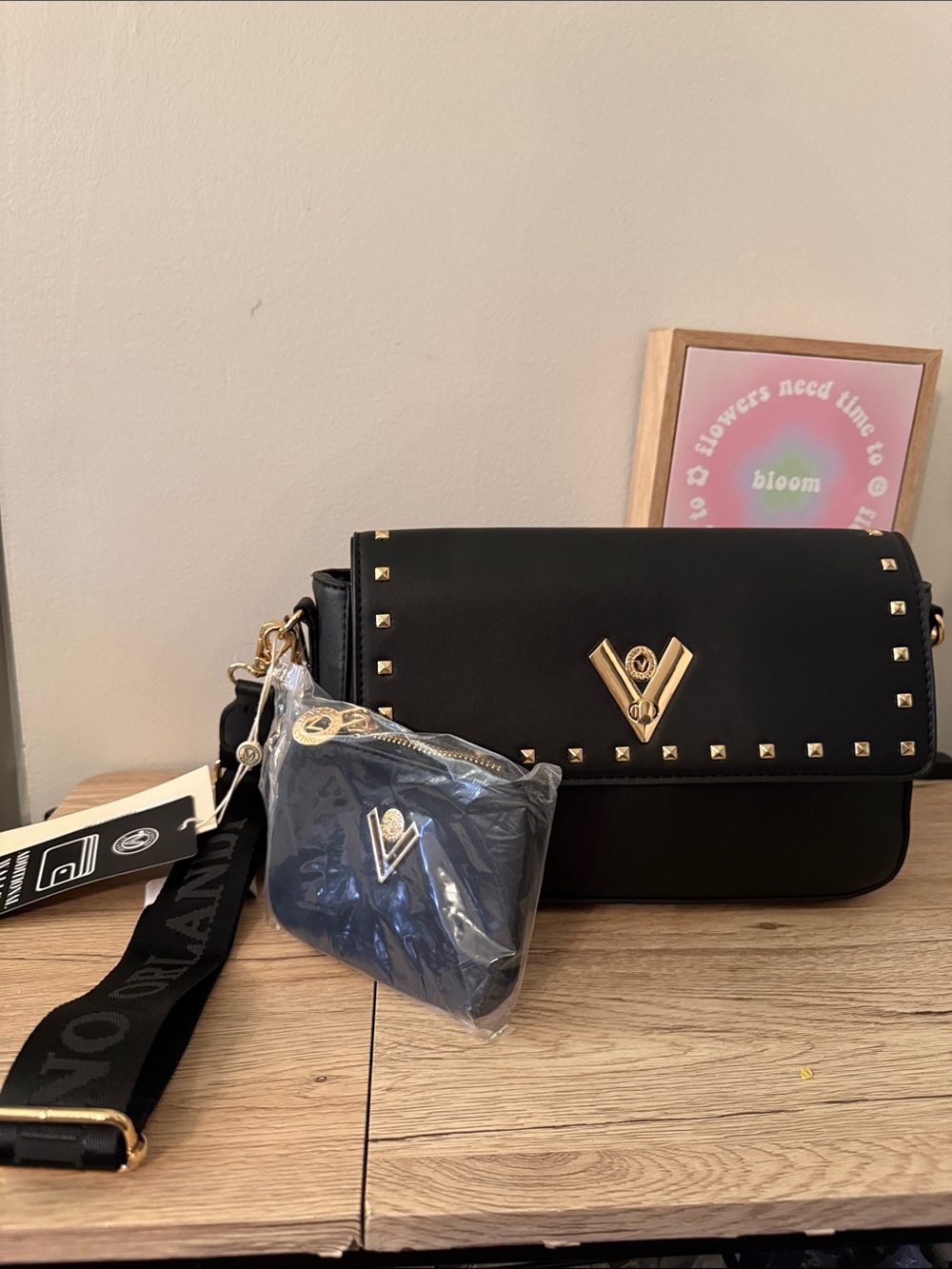 NWT Black Stud Valentino Orlandi Crossbody Bag with Matching Pouch MSRP $219